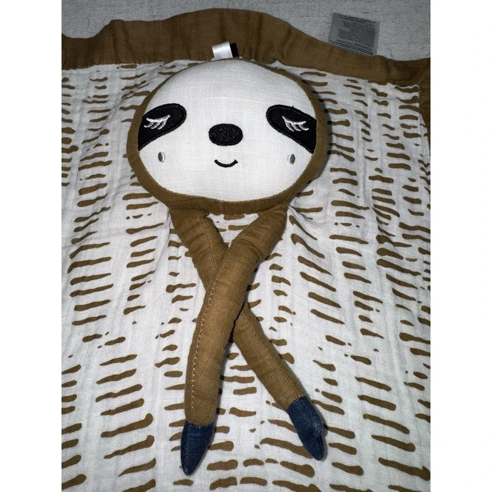 Lulujo Sloth Security Baby Blanket Brown & White‎ Muslin Cotton Lovey